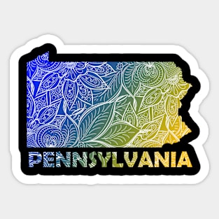 Colorful mandala art map of Pennsylvania with text in blue and yellow Sticker